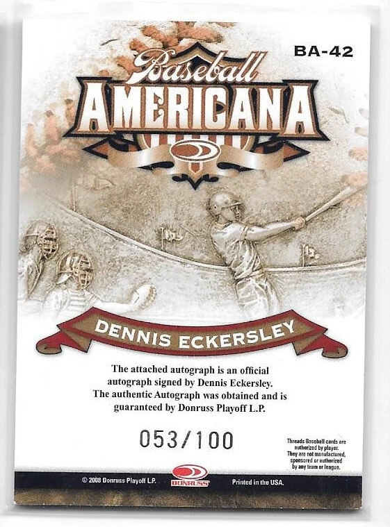 2008 Donruss Threads Baseball Americana Signatures #BA42 Dennis Eckersley /100 - Image 2 of 2