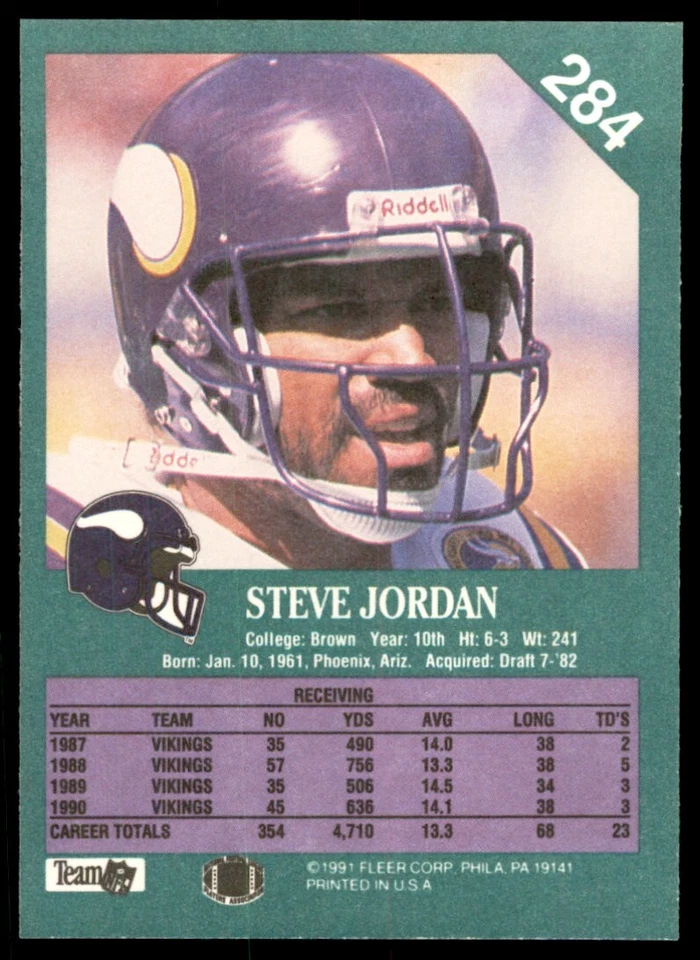 1991 FLEER STEVE JORDAN MINNESOTA VIKINGS #284 - Image 2 of 2