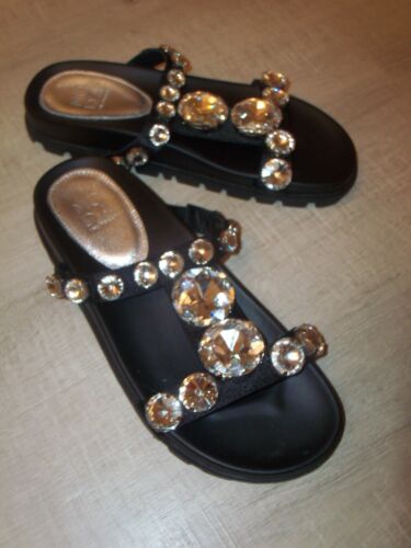 NUOVO MODA IN PELLE set gemme sandali in pelle neri/pietre trasparenti - taglia UK 4 - Foto 1 di 2