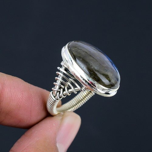 Labradorite Gemstone 925 Sterling Silver Wired Wrapped Huge Statement Ring SC-64 - Picture 2 of 5