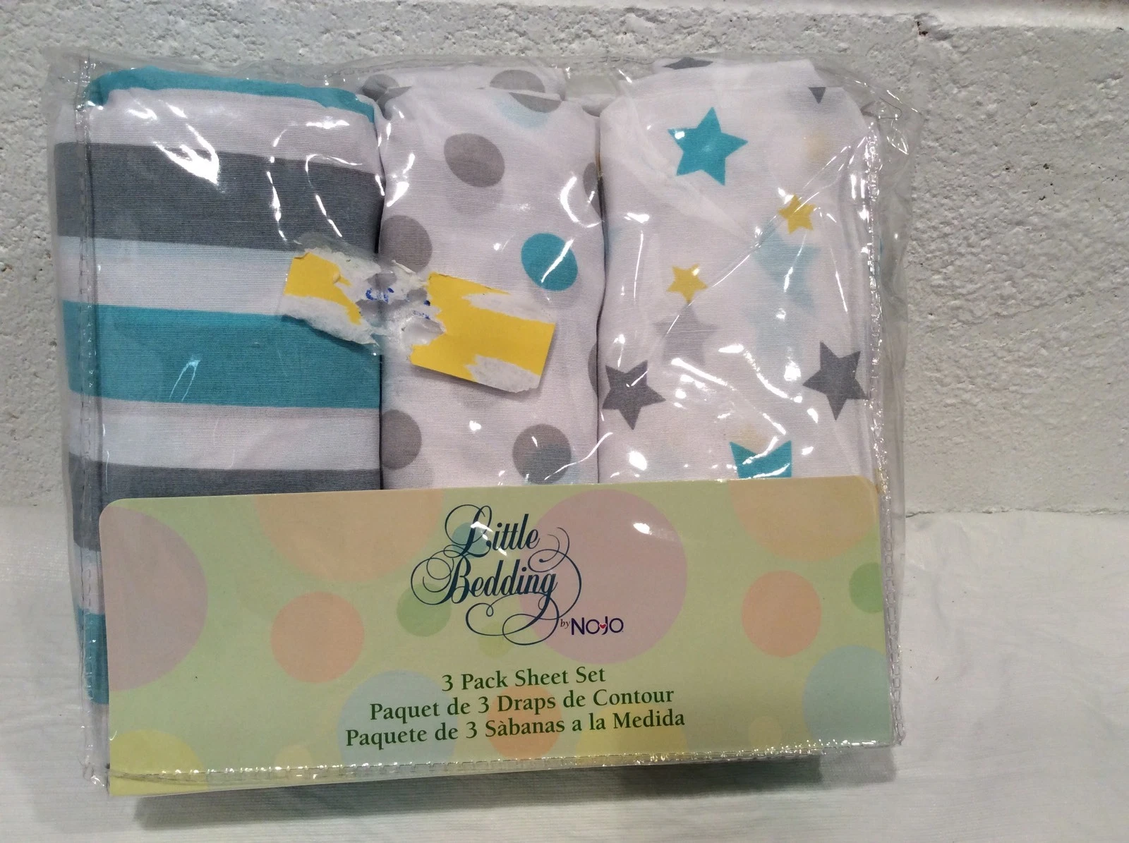 NWT Little Bedding by Nojo 3 pc Crib Sheets Baby Twinkle Blue Gray Stars Unisex