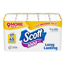 Scott 1000 1-Ply Toilet Paper 45 rolls, 1,000 sheets/roll - FREE shipping
