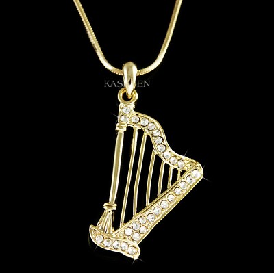 Gold Irish Keltisch Harfe mit Swarovski Kristall Fairy Harpist Musik Halskette
