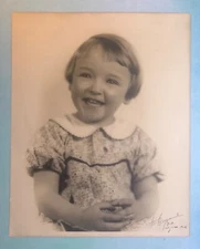 found photograph 1950s cute baby girl big beautiful smile dress happy B&W 8x10