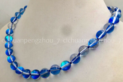 6/8/10/12mm Blue Gleamy Rainbow Moonstone Round Gemstone Beads Necklace 18''