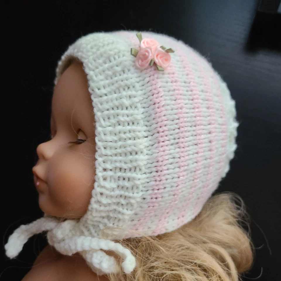 Sombrero bebé niña BONNET tejido acrílico hecho a mano blanco rosa rayas 0-2 meses Foto 2 de 4