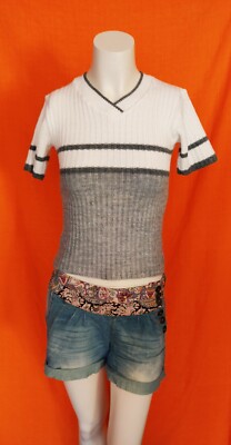 Weiß Grauer Kurzärmliger Damen Pullover Vintage Von Fishbone