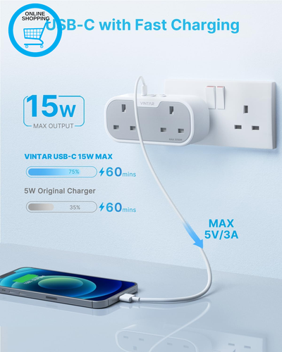 Double Plug Adaptor, Multi Plug Extension Socket with 2 USB 1 USB C Ports, 2 Wa - Picture 3 of 12