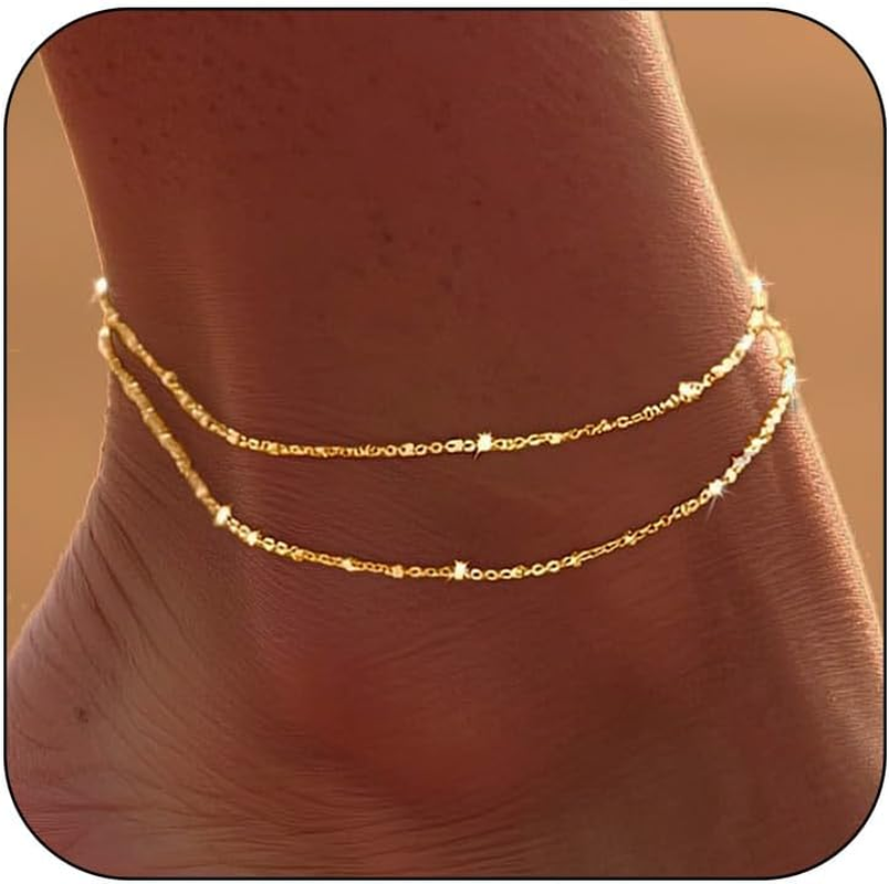 Waterproof 14K Gold Plated Ankle Bracelets for Women - 6Pcs Dainty Anklets Set