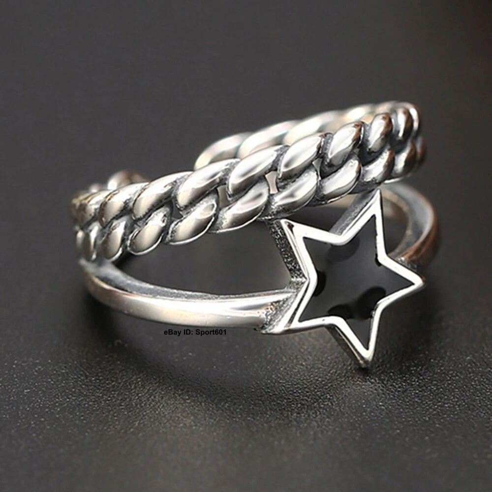 S925 Sterling Silver Women Men Ring Black Enamel Star Curb Band