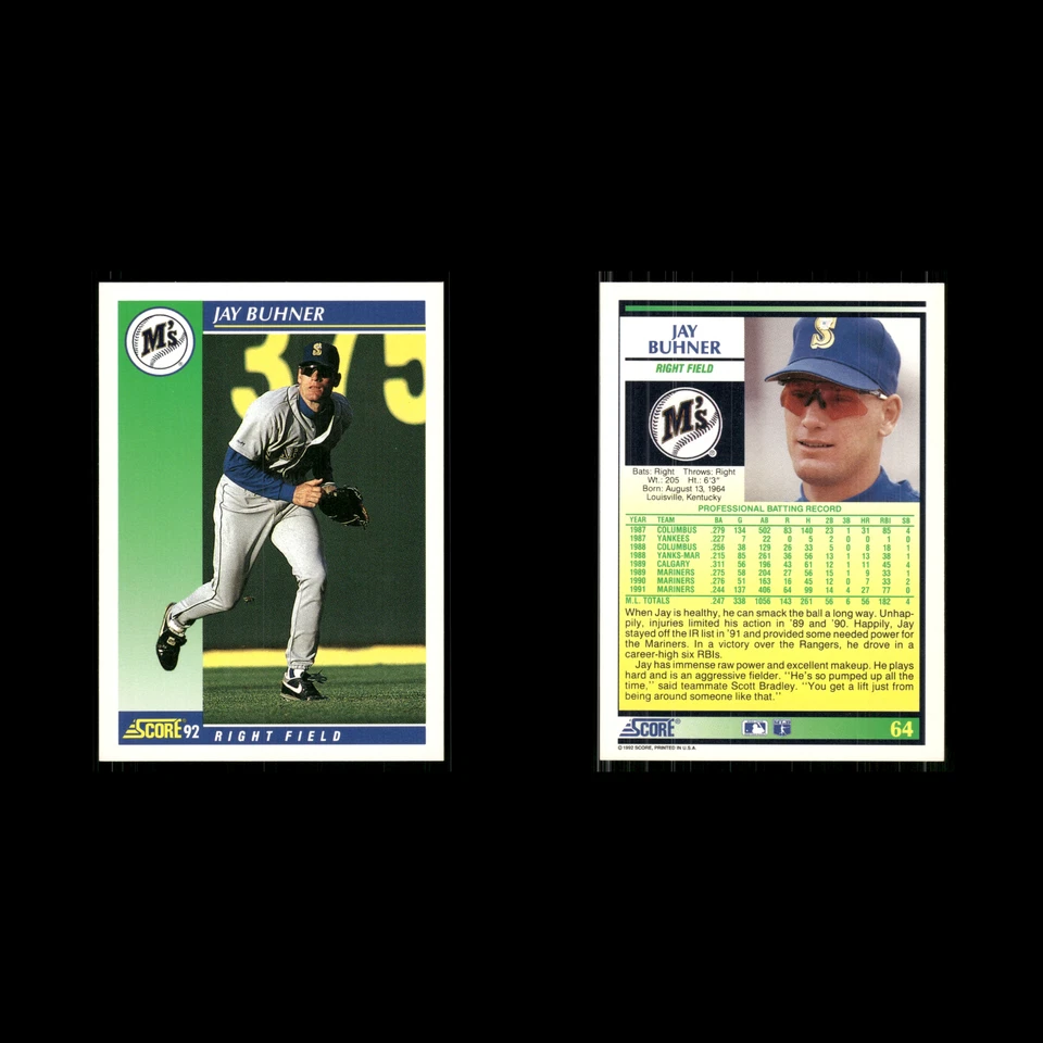 Jay Buhner #64 1992 Score Seattle Mariners Baseball Card MLB - Image 3 of 3