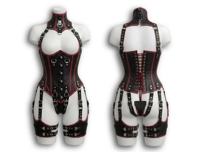 Vampire Queen Leather Corset Harness Set Black Red Gothic Halloween Costume