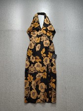 Lulus Dress Womens Small Black Floral Halter Satin Maxi Side Slit Party Wedding