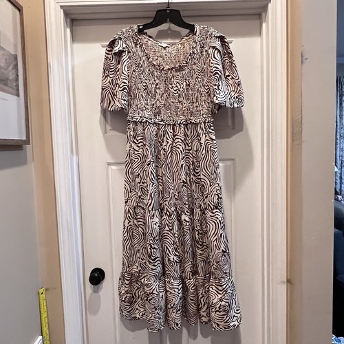 Moon River Dress Small Smocked Midi Puff Sleeve Ruffle Tuckernuck Brown Swirl - Picture 7 of 7