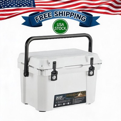 25 Quart White Outdoor Cooler Box, Hard Sided Insulated Ice Chest with Lid