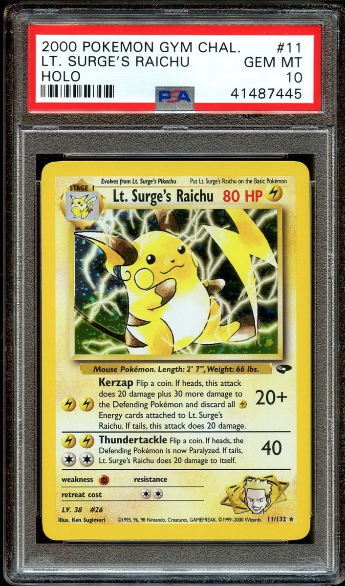 PSA 10 GEM MINT Lt. Surge's Raichu 11/132 HOLO RARE Gym Challenge