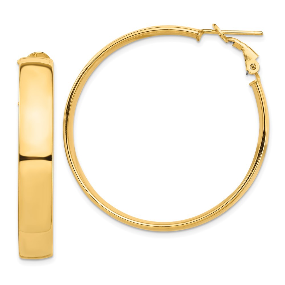 14K Yellow Gold High Polished 7mm Omega Back Hoop Earrings L-42.7 mm, W-42 mm