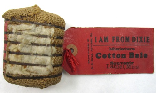 c1930 Miniature Cotton Bale Souvenir Laurel Mississippi Dixie Tag Dixieland USA
