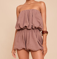 Pretty Little Thing PLT Mushroom Puffball Detail Bandeau Playsuit US Size 8 NWT