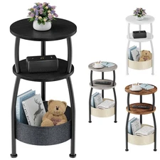 Round End Table with Storage Basket,3-Tier Accent Bedside Corner Table For Room