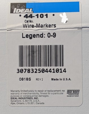 Ideal 44-101 Wire Marker Booklet Legend: 0-9 (45 each)