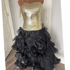 Vintage y2k PANOPLY Gold Sequin Strapless Black Ruffle High Low Gown Size 6 NWT