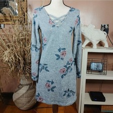 Pink Rose Size Small Grey Gray Flower Floral Soft Sweater Dress Cross V Cut