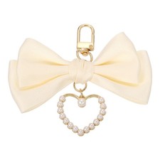 Bow Knot Keychain, Cute Bag Charm Keyring for Women Purse Beige Pearl Heart