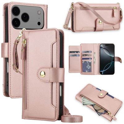 Crossbody Zipper Wallet Case For iPhone 17 16 Pro Max 17e 15 14 13 12 11 + Strap