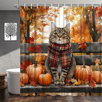 Fall Cat Shower Curtain Autumn Pumpkin Maple Leaf Rustic Watercolor 70x70 Inch