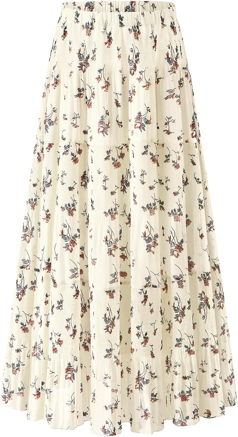 Maxi Skirts for Women Pleated Long Flowy Chiffon Elastic Medium, Floral-02