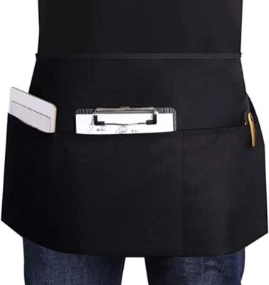 Black Half Size Waist Waiter Waitress Apron for Bar cafe Pub 3 Pockets