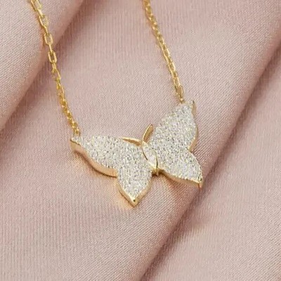 Round Simulated Diamond 925 Silver Women's Butterfly Pendant Yellow Gold Plated