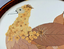 VINTAGE ARTS & CRAFTS BIRD LEAF COLLAGE PICTURE OVAL FRAME AND GLAZED