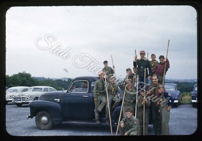 Boy Scouts Camp Chevy Truck Americana 35mm Slide 1950s Red Border Kodachrome