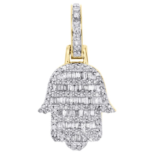 "10K Gelbgold Rund & Baugette Diamant Mini Hamsa Hand AnhäNger 1 \" Charm 1/2"-image