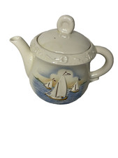 Vintage Porcelier Vitreous China Tea Pot Raised Sail Boats 3D Made In USA
