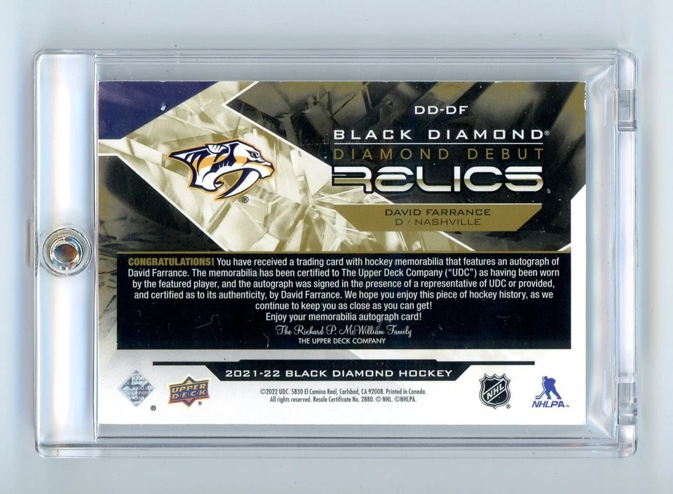 David Farrance 2022 UD Black Diamond Debut Relic Autograph 21/49 - Image 2 of 4