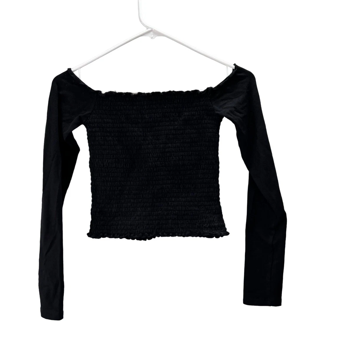 Hollister Smocked Crop Top Navy Blue S Long Sleeves Off Shoulder