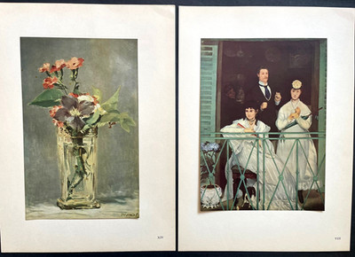 2x Edouard Manet Vintage Lithographien Frau grün Balkon Blumen 1950 Frankreich H54