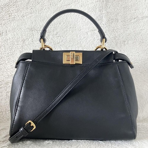 FENDI Leather Peekaboo Mini 8BN244 2way Hand Bag Black Gold Made in Italy - Picture 2 of 24