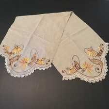 Vintage Floral Embroidered Table Runner Beige Linen Crochet Lace Trim 46x16 Boho