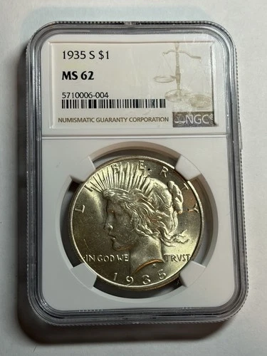 1935 S PEACE SILVER DOLLAR NGC MS62 BRIGHT WHITE NICE LUSTER