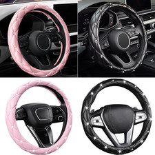 15" Bling Car Steering Wheel Cover Diamond Leather Anti-Slip Protector for Women