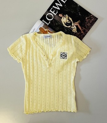 LOEWE  Ribbed Knit Top Style Tee V neck Anagram Logo Yellow Sz M