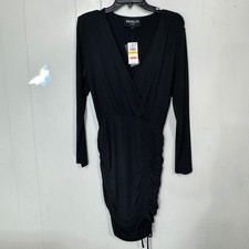 Royalty by Maluma Black Long Sleeve V Neck Ruched Bodycon Mini Dress Size Small