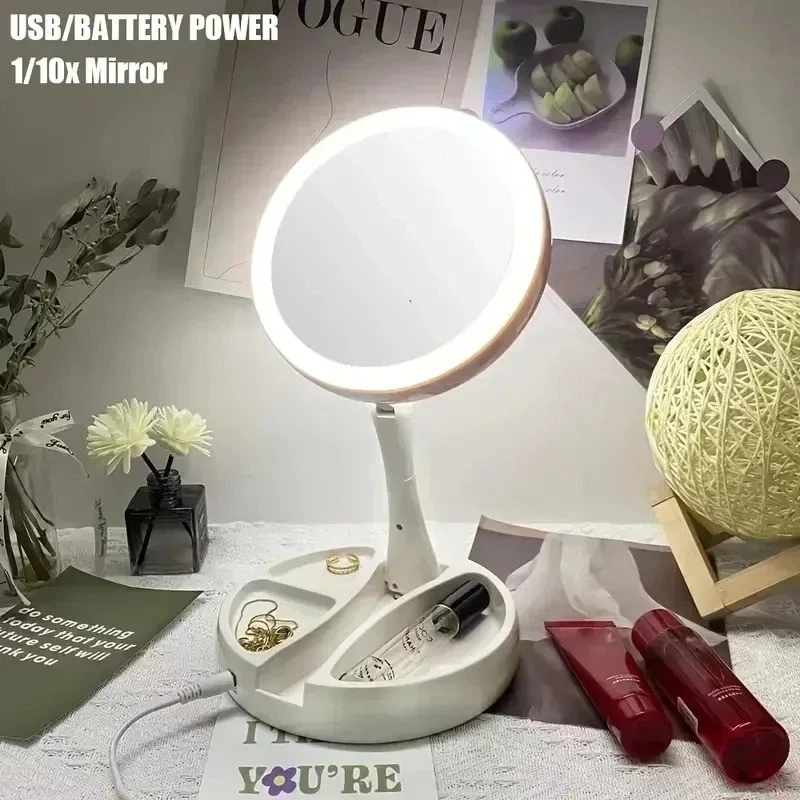 Foldable desk makeup mirror with LED lights