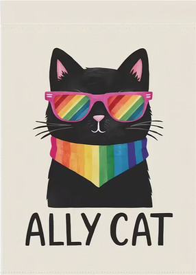 Ally Rainbow LGBT Cat, 2 -Sided Burlap Type Outdoor Garden/Yard Flag