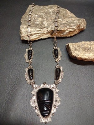 VGT 925 Sterling Silver Mexican Aztec Ethnic Black Onyx Face Necklace 53 Grams 