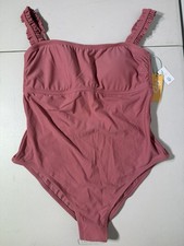 New Kona Sol Women's Square Neck Ruffle Shoulder Pink One Piece Swimsuit Size L